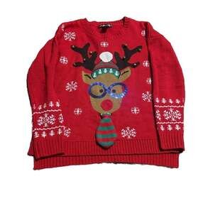 Ugly Christmas Sweater Reindeer wearing Glasses & Tie Jingle Bells Sz L Holiday